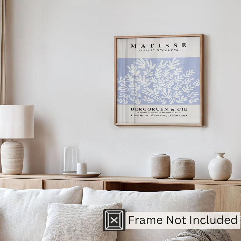 Abstrait matisse découpé bleu doux Mid-Century, reproduction d'art moderne sans cadre, H 18 po x l 18 po