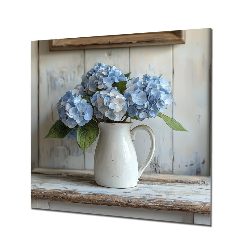 Minimalisme hortensias dans un pot à lait I - impression d'hortensias sur métal, H 36 po x l 36 po