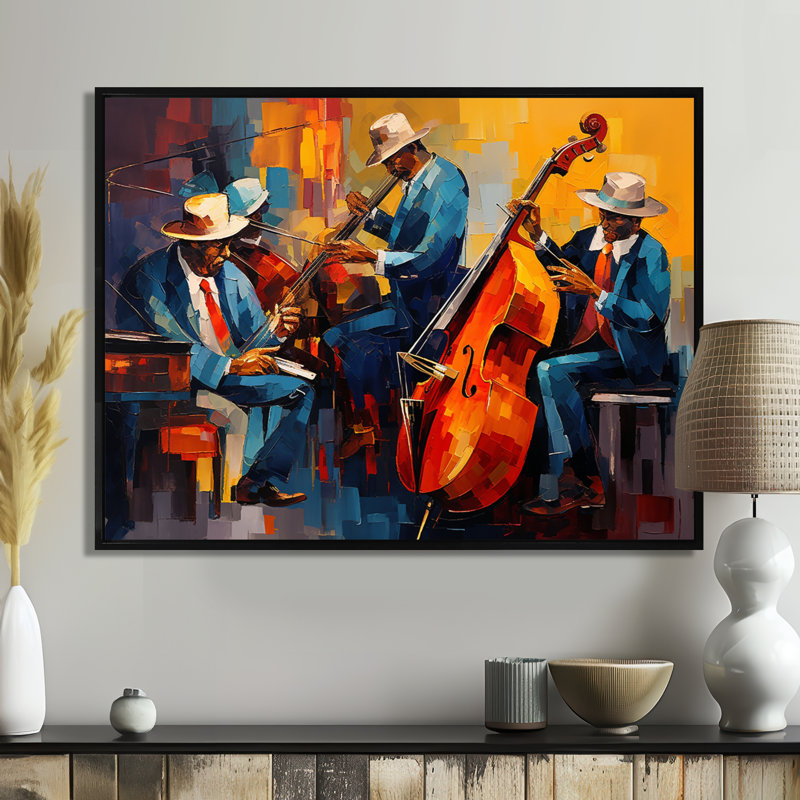 Cool Jazz Quartet - Musician Wall Art For Living Room, H 12 po x l 20 po x P 1 po, Toile avec cadre flottant noir