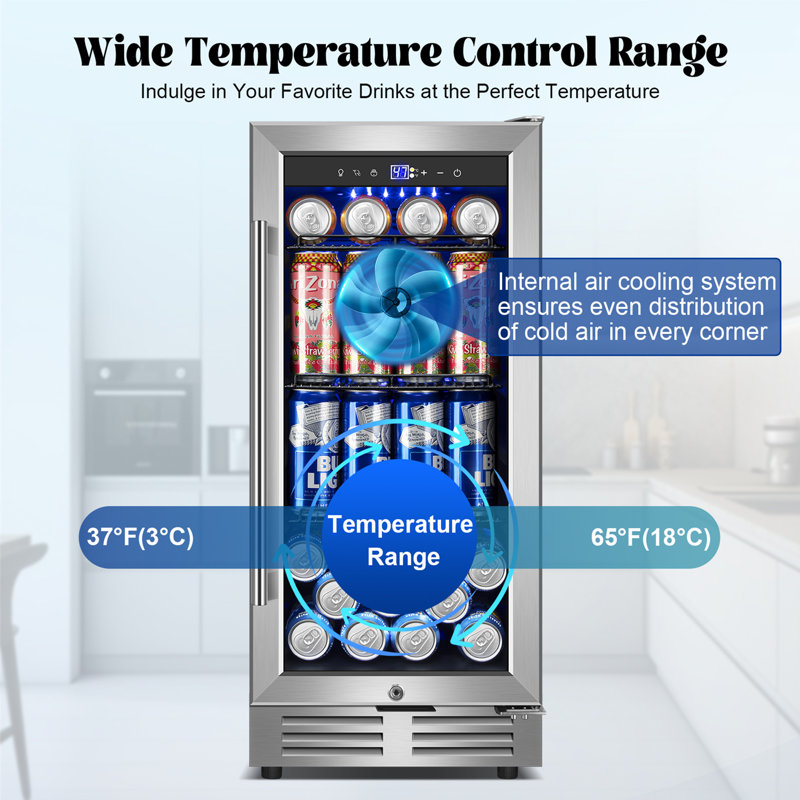 15 Inch Built-in/Freestanding Beverage Refrigerator Cooler 130 Can Beer Cooler Mini Beer Drink Fridge with Glass Door and Lock Under Counter Classic Series