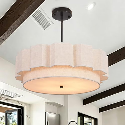 2-Tier Large Drum Chandelier for Dining Room Light Fixture 22" Farmhouse Boho Pendant Light Fixture Flush Mount Semi Ceiling Hanging Kitchen Island Lighting Linen Shade Height Adjustable(4-Light )