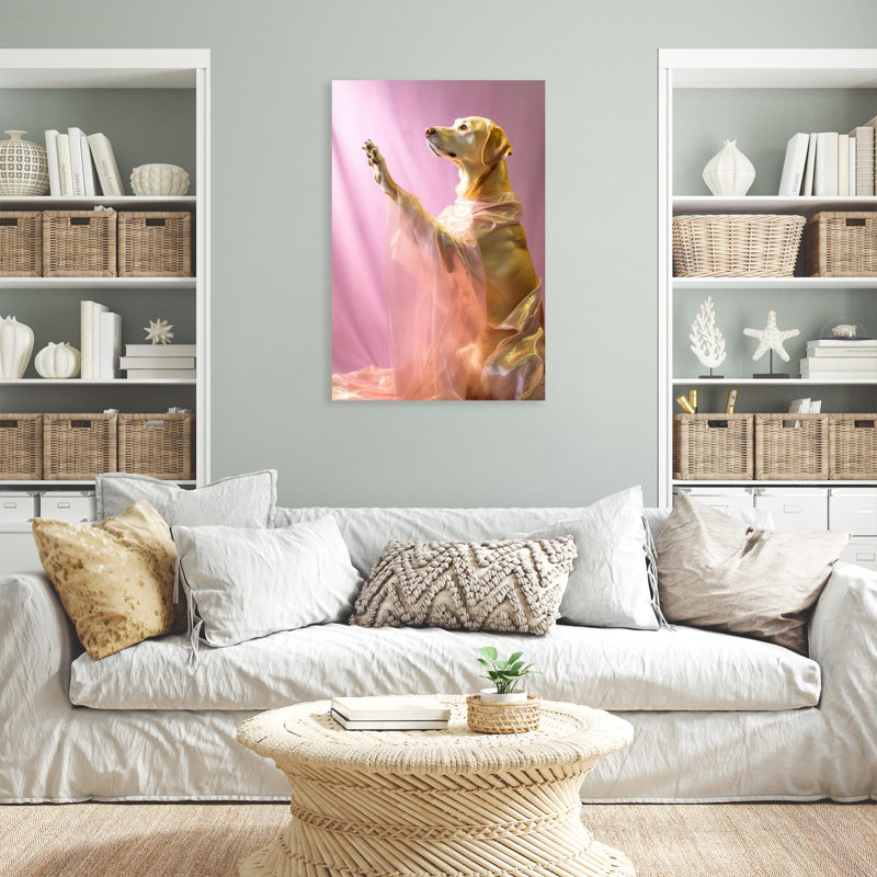 «Dog with Pink Fabrics» - Reproduction d'art graphique sur toile tendue 1 pièce, H 36 po x l 24 po x P 1,25 po