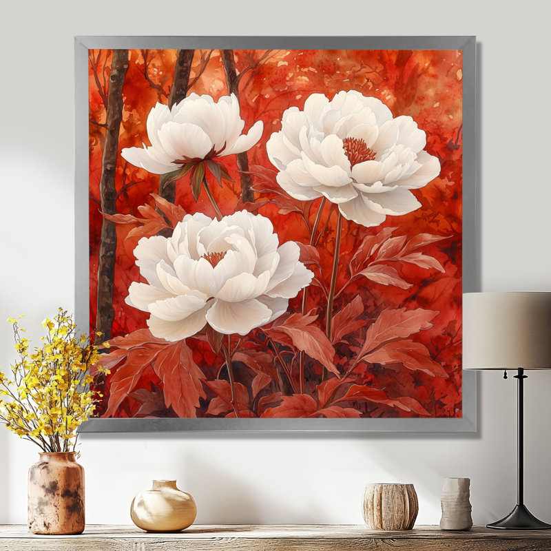 Pivoines et érable rouge - art mural pivoines pour le salon, Reproduction encadrée d'une seule photo, Argent argent