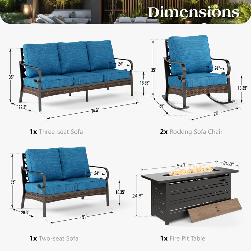 7 Person Outdoor Patio Conversation Set With Fire Pit Table, Rocking Lounge Chairs, & Loveseat, Black/Peacock Blue/Black