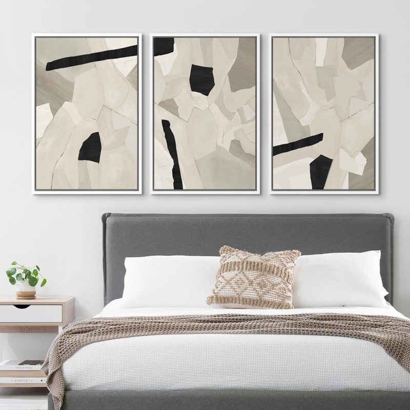 " Geometric Block Abstract Shape Illustration Modern Neutral Decor Relax Calm Chic " 3 - Pieces on Canvas, Blanc