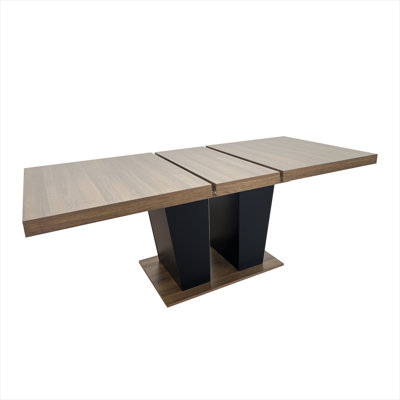 Extendable Rectangular Dining Table, Seats 4-10, Brown-Toned Particle Board with Black Double Pedestal Base, 78.7 in. Wide