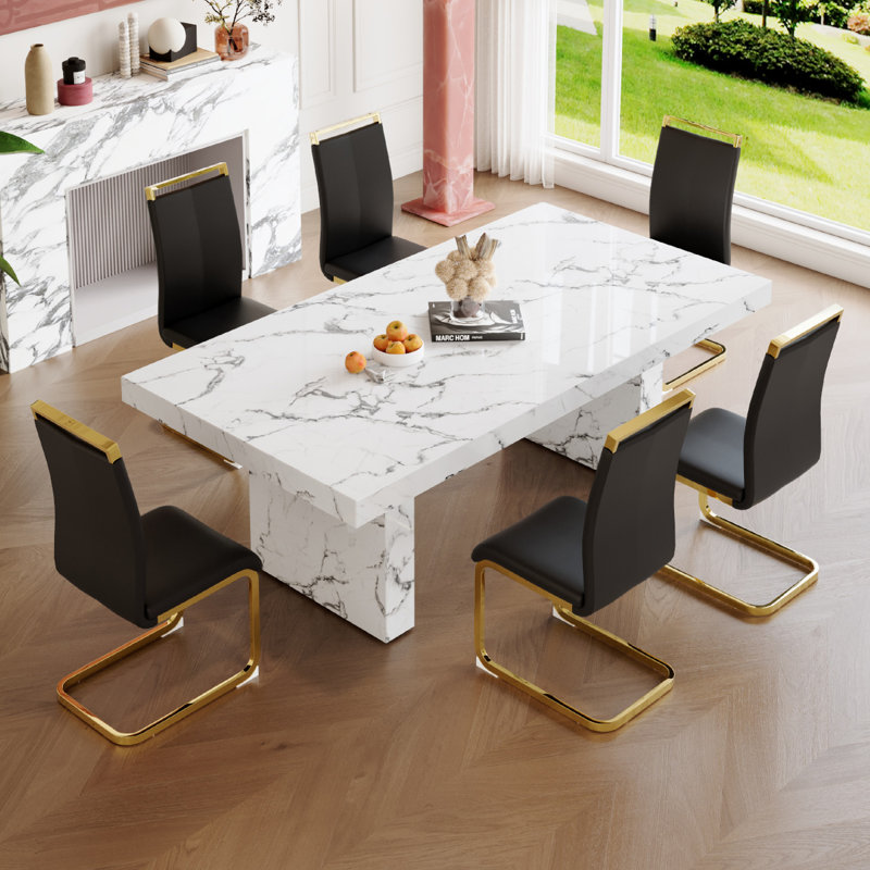 Wooden Dining Table Set for 6, Black, 7 Pieces: Table, 6 Chairs