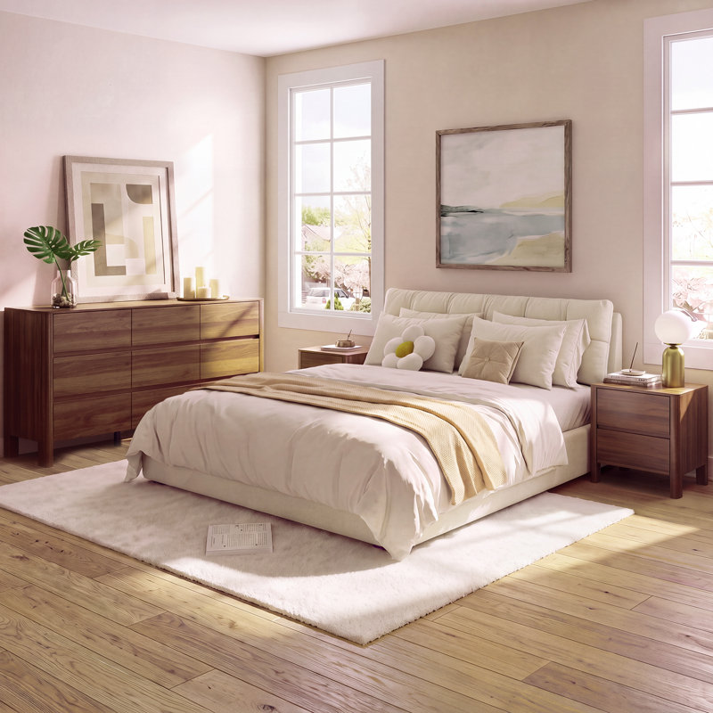 Ensemble de chambre à coucher 3 pièces, commode à 9 tiroirs et 2 tables de chevet, noyer