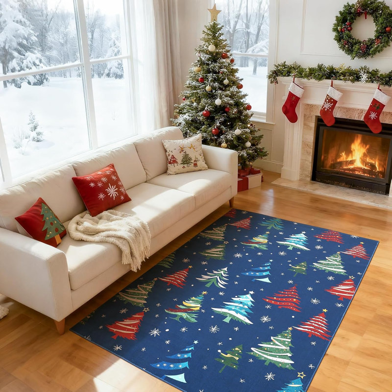 Rug, Christmas Rugs with Xmas Tree Pattern for Holiday Decor, Non Slip Low Pile Washable Rug for Kitchen, Entryway, Living Room, Bedroom, 
