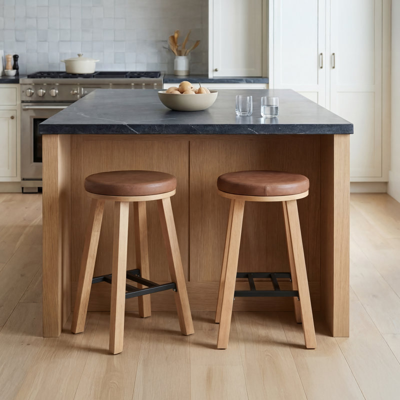 Upholstered Round Wood Counter Stool - Set of 2, Counter Stool (24" Seat Height)