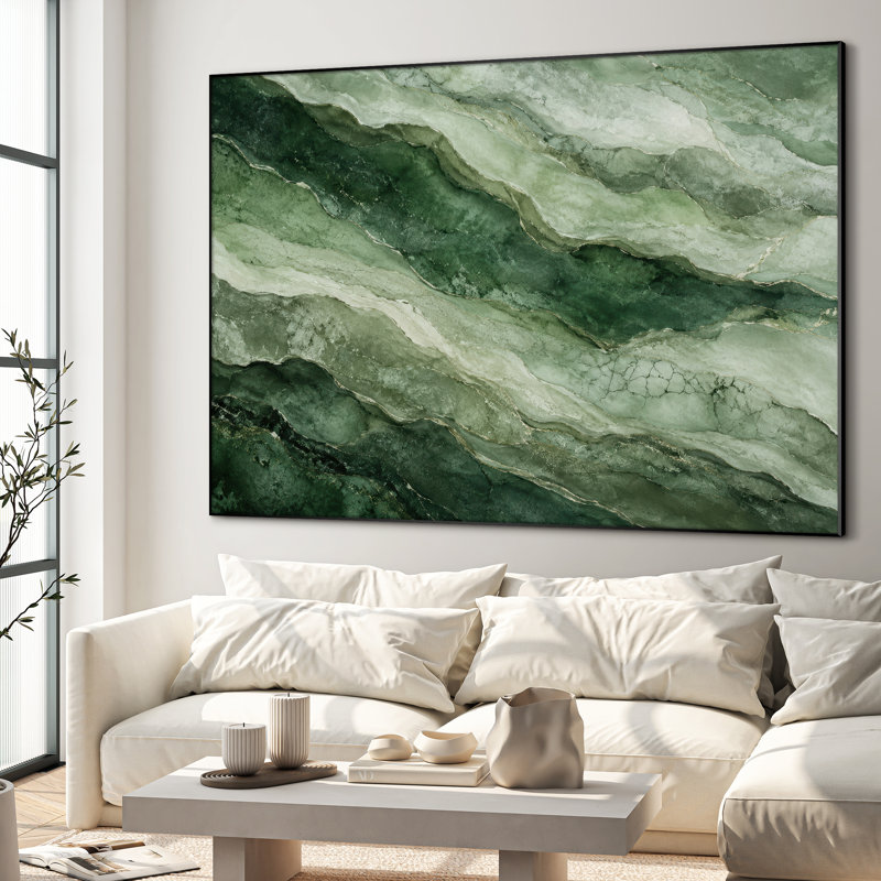 Très grand art mural imprimé sur tissu - Vague de marbre vert abstrait, décor de chambre à coucher contemporain - "Assemblage requis (cadre non fini)"