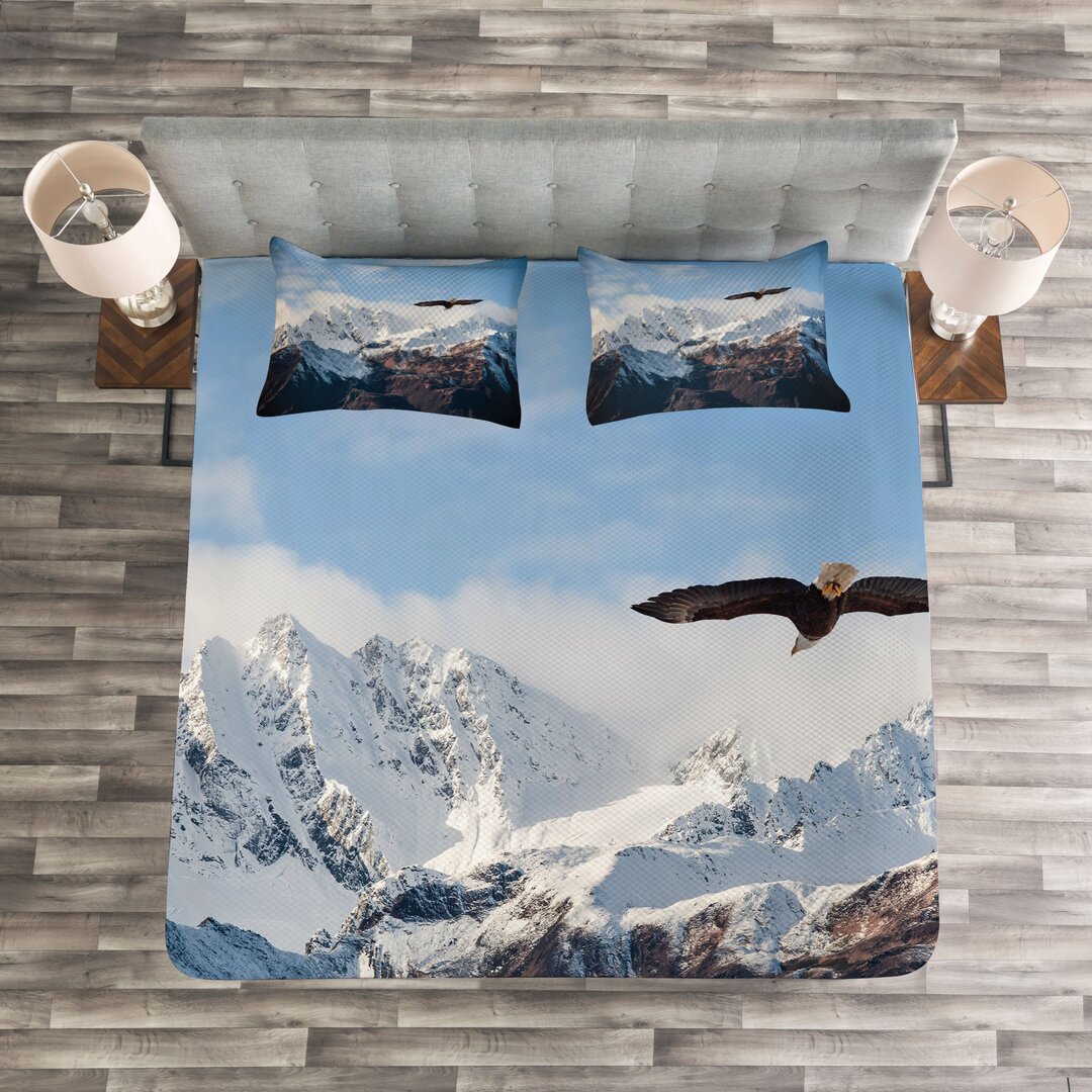 Gestepptes Bettdecken-Set, Berg Flying Eagle, Natur, Braun Weiß Blau