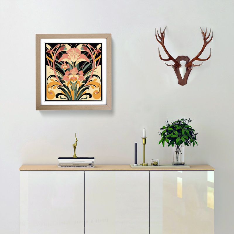 Floral Art Deco Framed Print, Oak