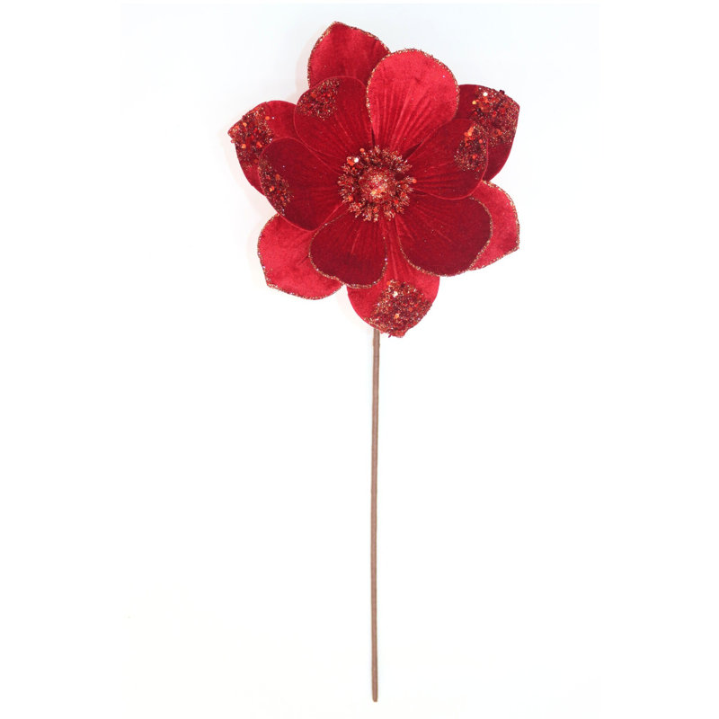 Velvet Red Glitter Magnolia Flower Pick, Rouge