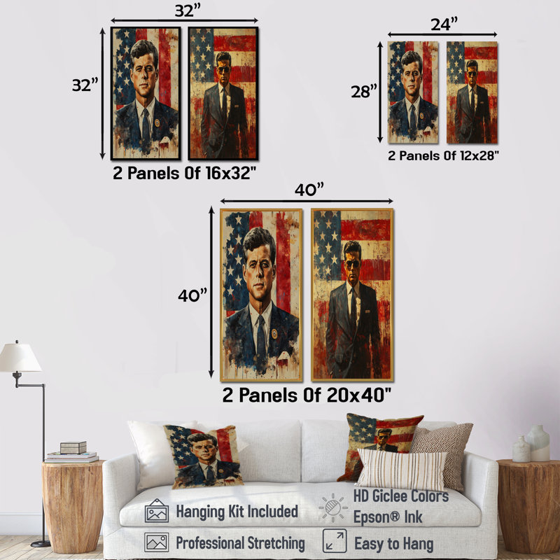 Jfk président sur le drapeau des États-Unis I - Paysages, art mural 2 panneaux, Toile tendue, H 28 po x l 25 po