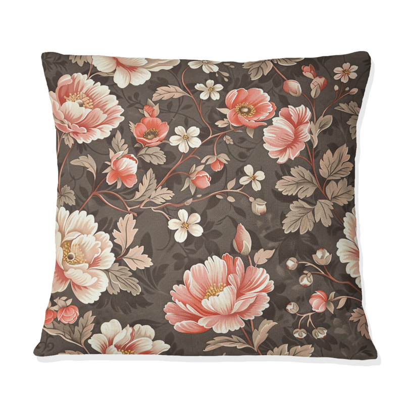 Coussin décoratif avec fleurs roses et fleurs de jardin brun I, 18" x 18"