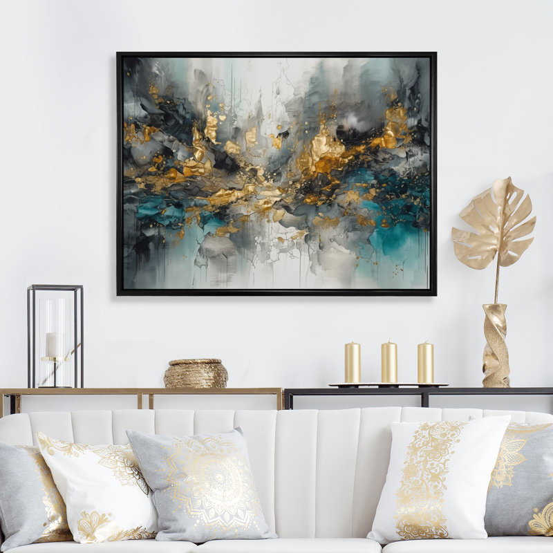 Gris, or moderne abstrait contemporain I - art mural abstrait en marbre, H 34 po x l 44 po x P 1,5 po, Cadre flottant noir