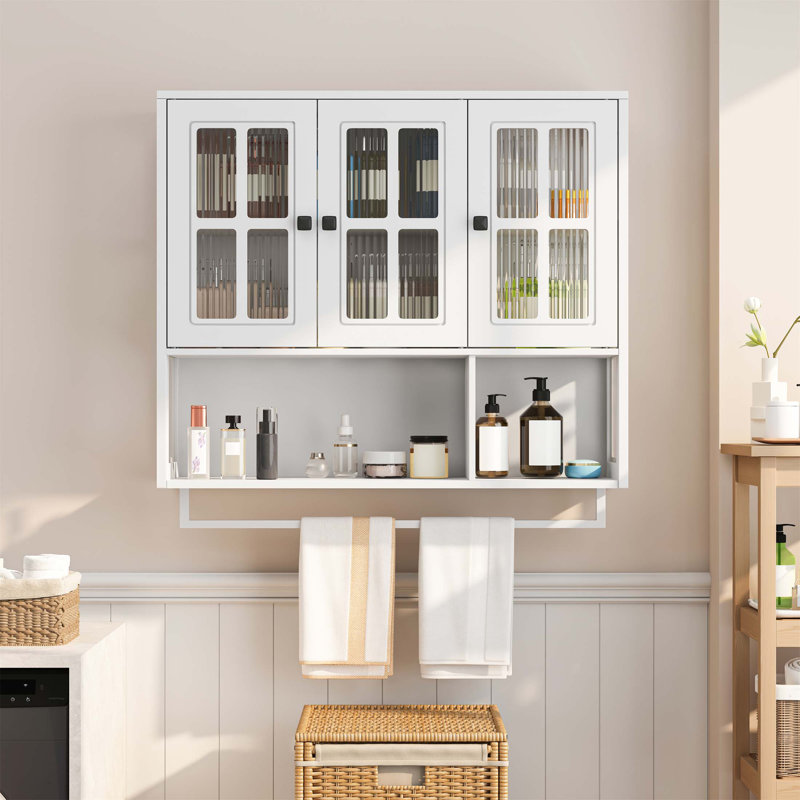 3-Door Wooden Bathroom Wall Cabinet With Glass Door, Open And Hidden Storage, Towel Bar For Versatile Home Use, White