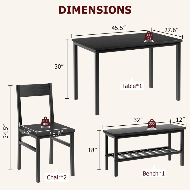 Ensemble de table de salle à manger pour 4 personnes, table de cuisine moderne avec chaises et banc, Noir