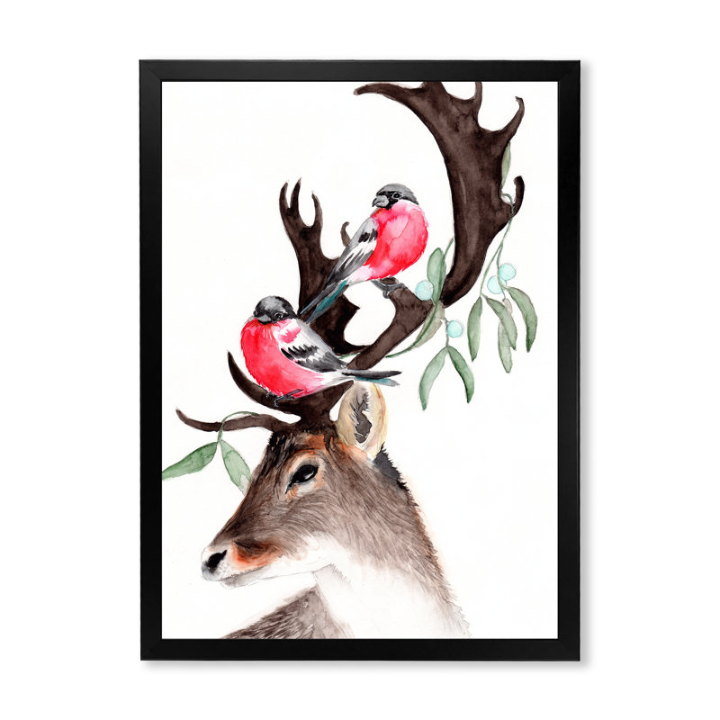 Cerf avec deux bouvreuils rouges - reproduction sur toile, Toile avec cadre de coin noir fermé, H 20 po x l 12 po