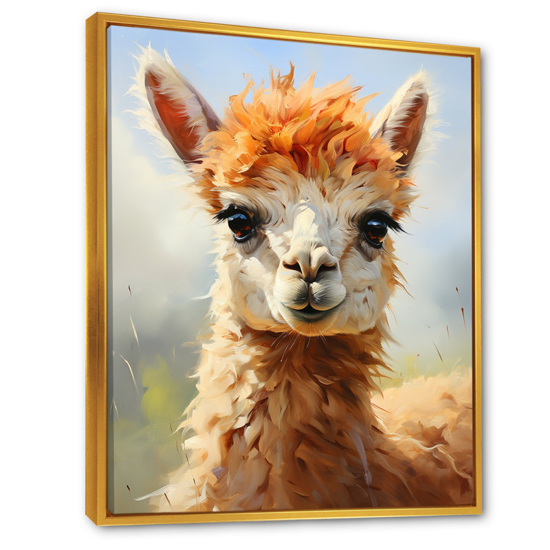 Brun majestueux Alpaca Portrait II - Alpaca, art mural, Cadre flottant doré, H 20 po x l 12 po x P 1 po