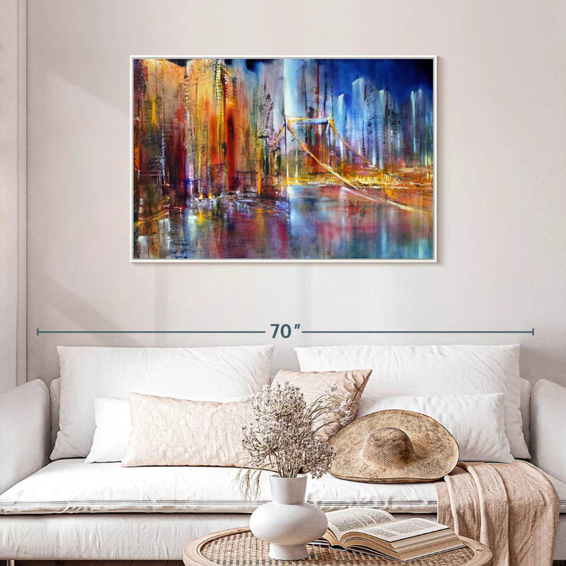 Paysage urbain vibrant, Cadre flottant blanc, 43 po x 29 po