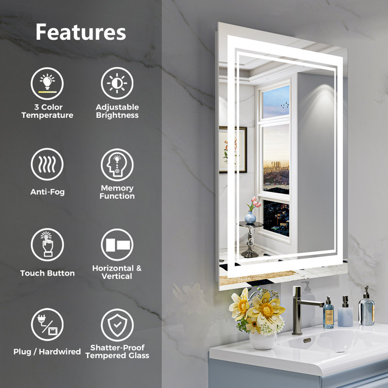 Jayce LED Vanity Mirror with Memory Function, 3 Color Temperatures & Dimmable Light, Anti-fog Tempered Glass ETL Listed Mirror
