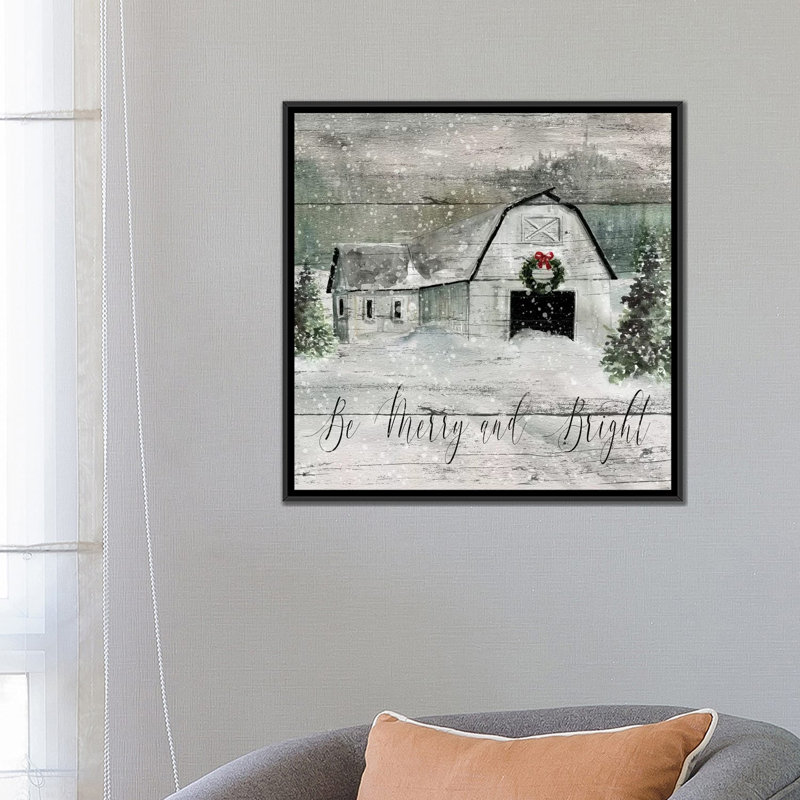 «Merry and Bright Barn» par Carol Robinson - reproduction imprimée, Toile avec cadre noir, H 26 po x l 26 po x P 1,5 po