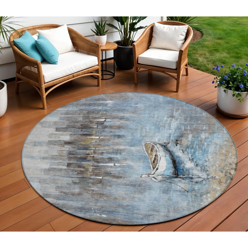 Tapis d'intérieur rond 8 pi bleu et beige