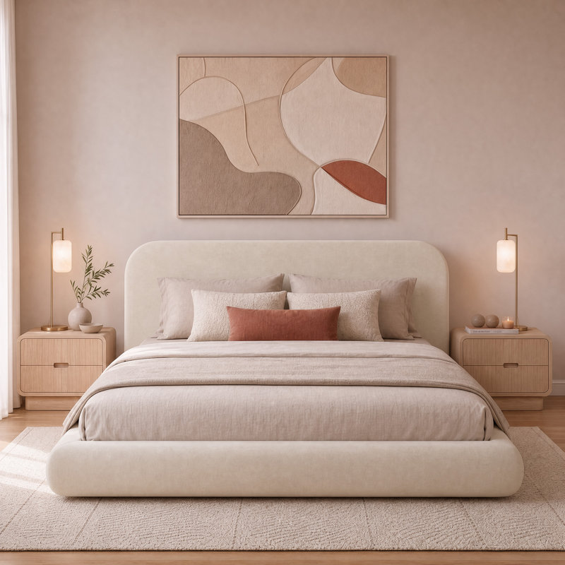 Structure de lit tapissier très grand avec tête de lit en chenille courbée très grand, panneaux arqués en mousse entièrement rembourrés, support en métal robuste, aucun sommier tapissier requis, beige