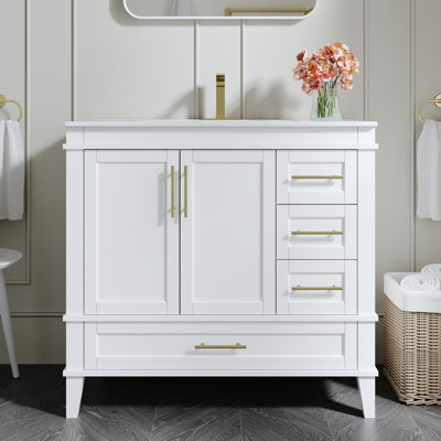 Meuble-lavabo en bois massif blanc l 36 po x H 34,1 po avec lavabo en céramique Cupc, charnières DTC à fermeture en douceur et poignées en aluminium doré
