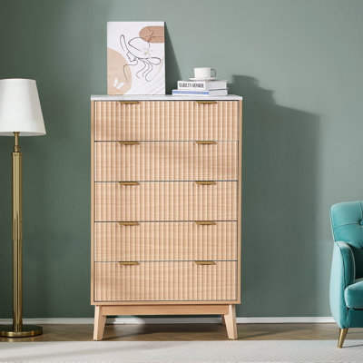 5 Fluted Drawer Dresser, Wooden Chest of Drawers with Sliding & Anti-tip Device, Modern Minimalist Dresser Chest, Closet Storage Organizer for Living