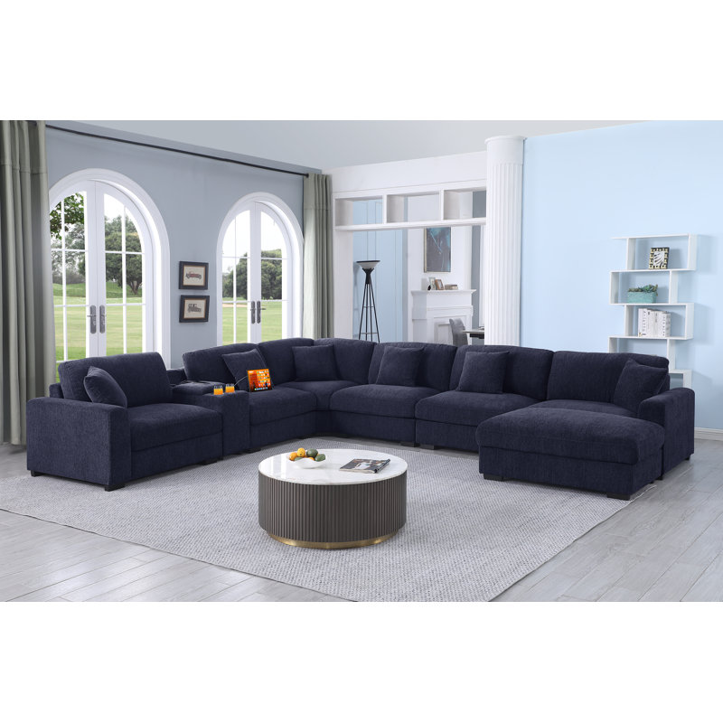 8-piece Upholstered Corner Sectional Sofa, Console with Cup Holders & Storage & USB, Dark Blue Polyester