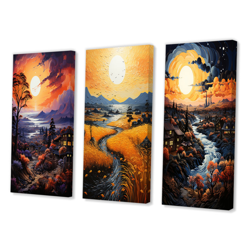 «Vangogh Village At Sunset I», 3 pièces sur toile, Toile tendue, H 28 po x l 36 po