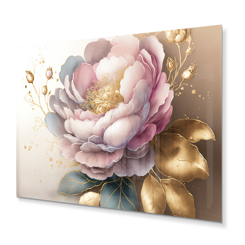 Pink And Gold Camellia Flower II  Flower Metal Wall Decor, 12" H x 20" W