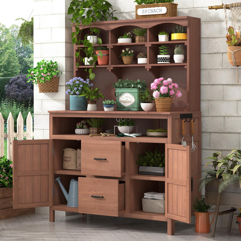 Table de jardin avec huche, poste de travail de jardinage, armoire de rangement, maison de campagne, extérieur, Brun