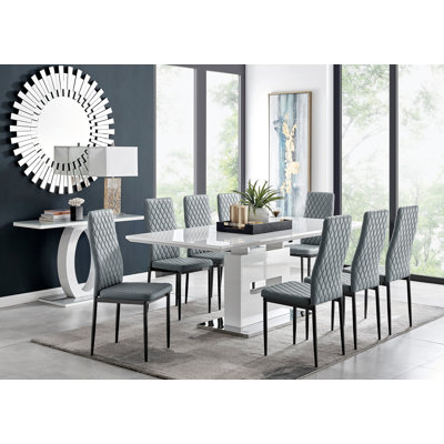 High Gloss Wood Extendable Dining Table Set with Upholstered Dining Chairs