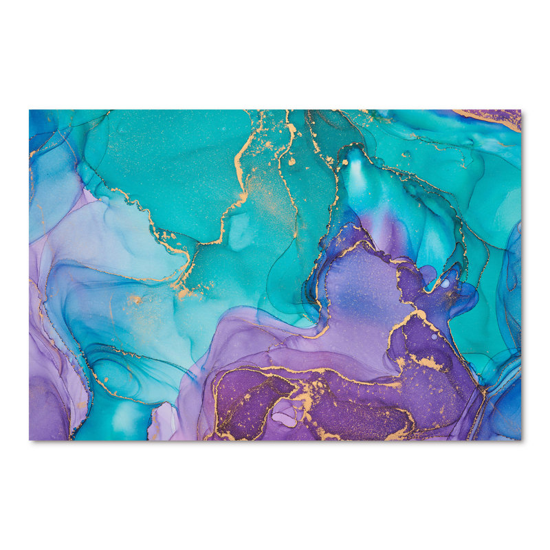 Turquoise et mauve liquide Art I - impression d'art moderne sur toile, H 40 po x l 60 po, Toile tendue