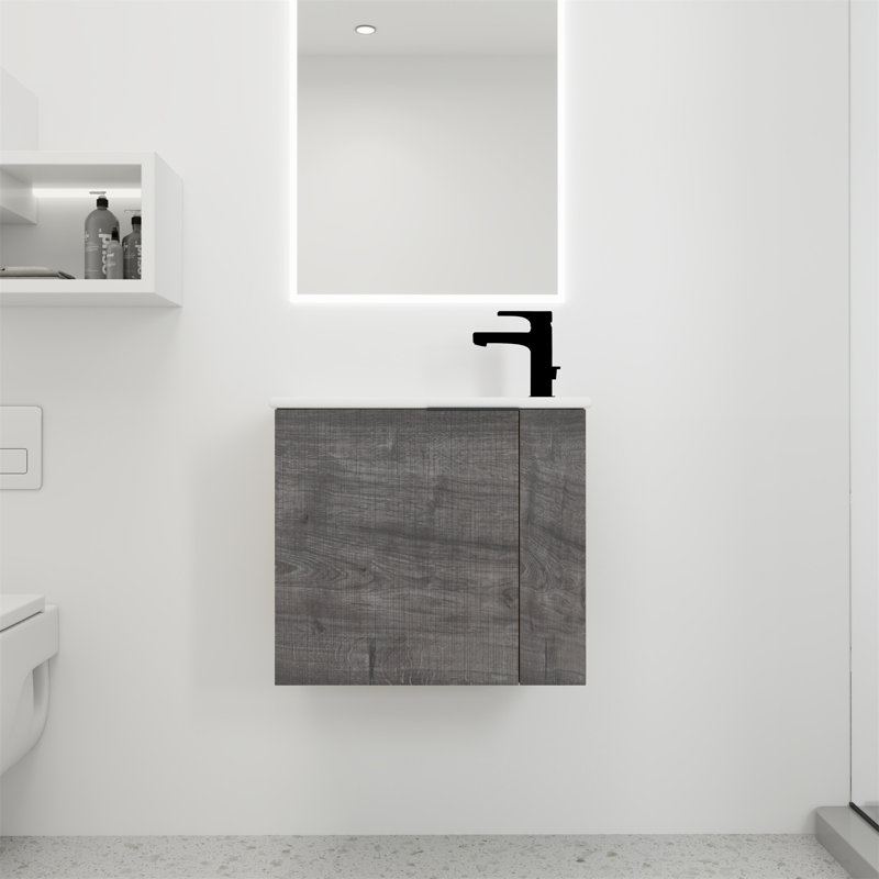Meuble-lavabo 22 po avec lavabo en céramique, porte à fermeture en douceur, Chêne gris carreauté