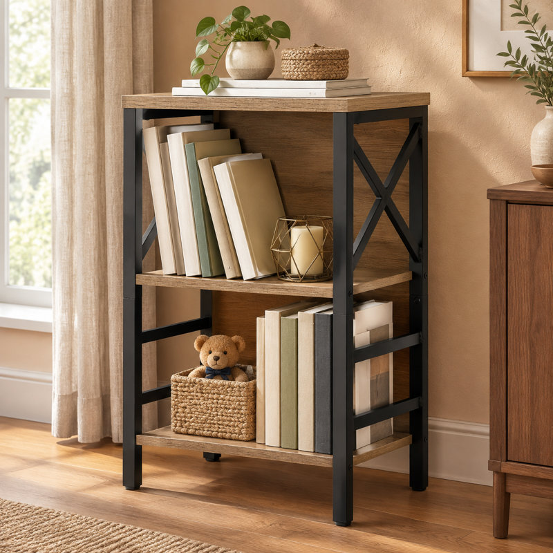 Petite étagère industrielle à 3 niveaux, de couleur brun rustique, avec une structure et un panneau arrière en métal, conçue comme une bibliothèque basse pour les petits salons, les chambres et les bureaux à domicile.