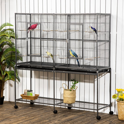 65" Double Rolling Metal Bird Cage By With Detachable Stand, Storage Shelf, Wood Perch And Food Container - Spacious Cage: & Large Area For Pet Birds