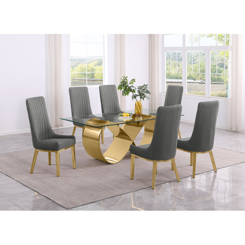 Ensemble de salle à manger en verre trempé avec chaises à dossier plissé, Gris, Doré