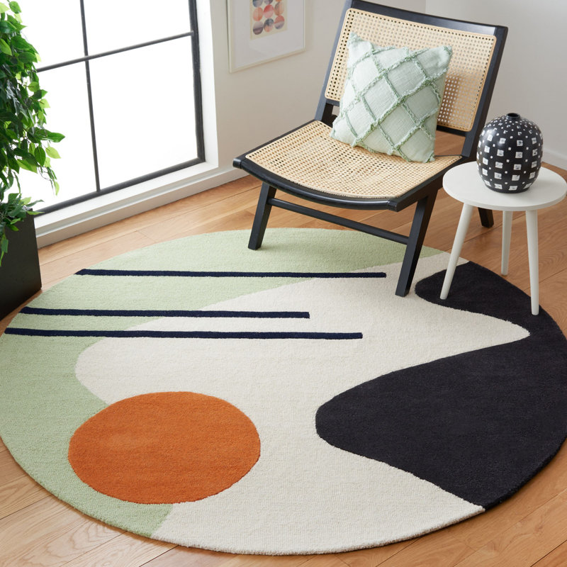 Tapis vert / noir en laine fait à la main Felipe, Rond 6 pi
