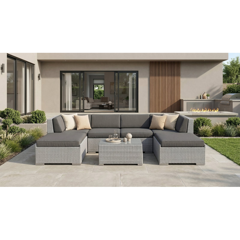 Billyjo Wicker 4 - Person Seating Group with Cushions - No Assembly, Gray, Canvas Coal Sunbrella® Canvas