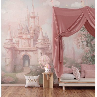 Princess Castle Wall Mural | Pink Fairytale Peel and Stick Wallpaper | Girls Nursery Removable Wall Décor