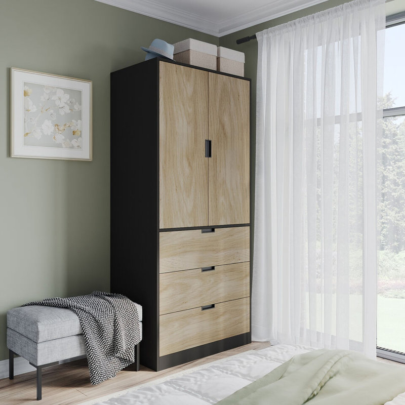 Stephy Solid Wood Wardrobe, Black/Oak