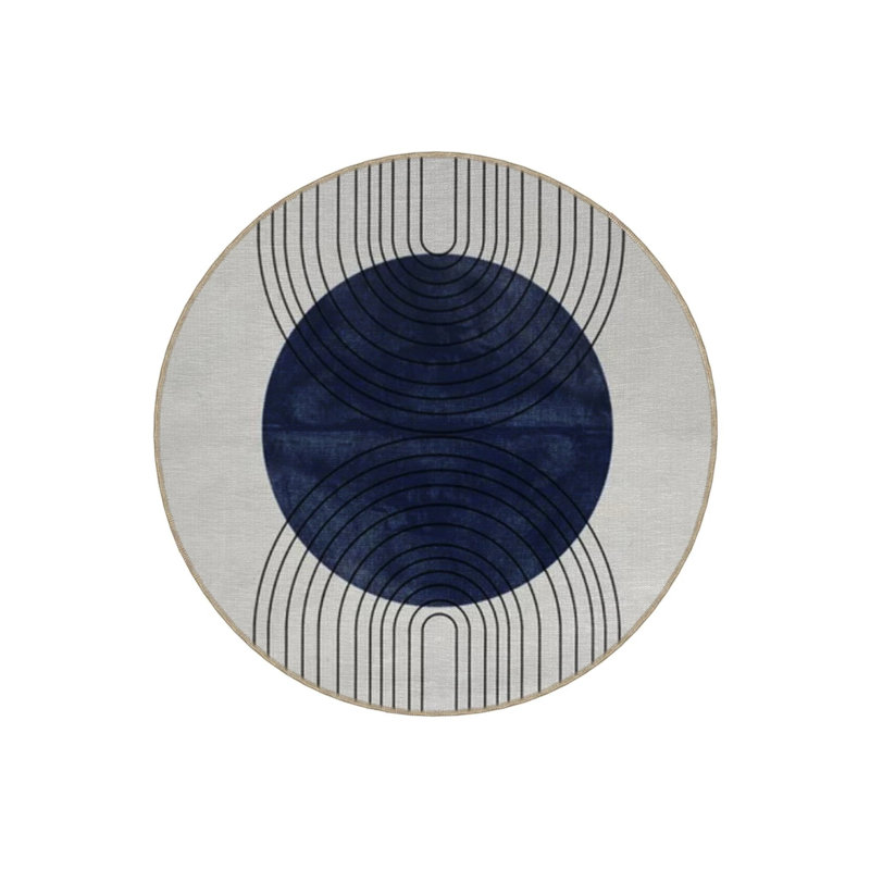 Blue Gray Themed Geometric Circle And Stripe Patterned Round Woven Base Modern Decorative Carpet, Round 2'8"