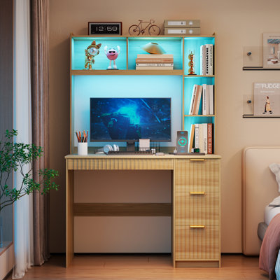4-Drawer Computer Desk with Bookshelves and Led Lighting, Home Office Desk with Charging Station