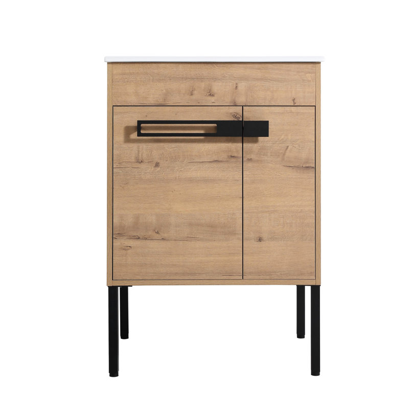 Meuble-lavabo de salle de bain 24 po avec lavabo - Installation en céramique à double usage avec charnière de porte à fermeture douce et structure en contreplaqué Imitation imitation chêne