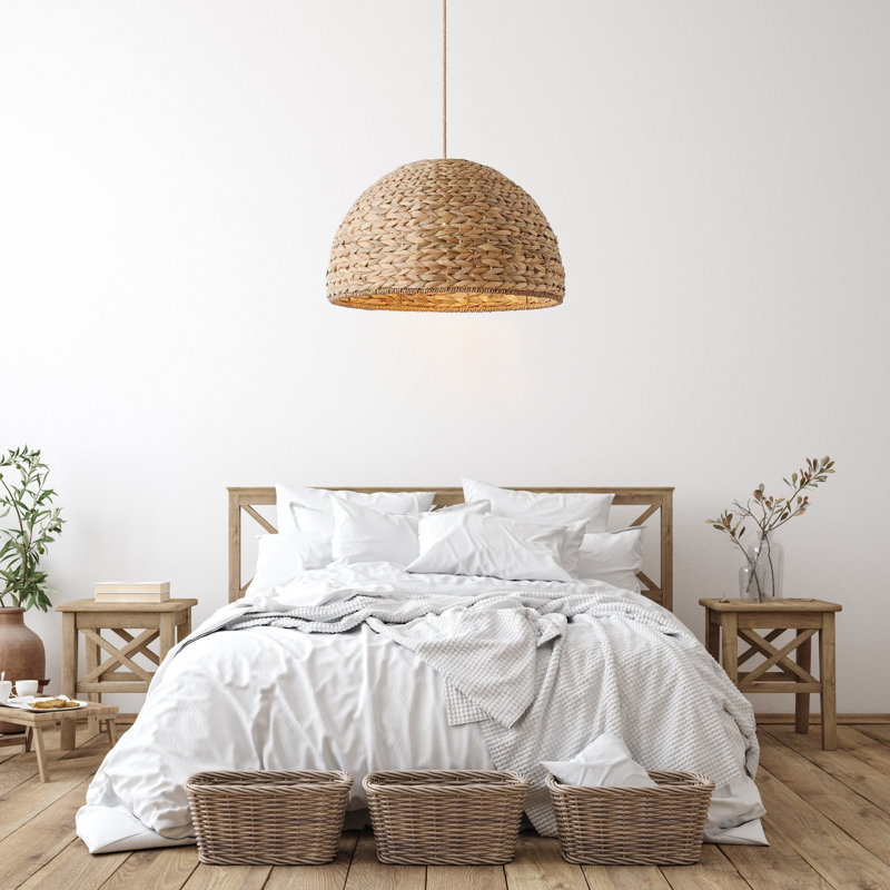 Althea Rattan Pendant Light - Natural Dome 1-Light Polished Handwoven Adjustable Light Fixture For Kitchen Island, Kitchen, Dining Room, Living Room, Bedroom, Hallway or Covered Patio in Modern, Farmhouse & Boho Style